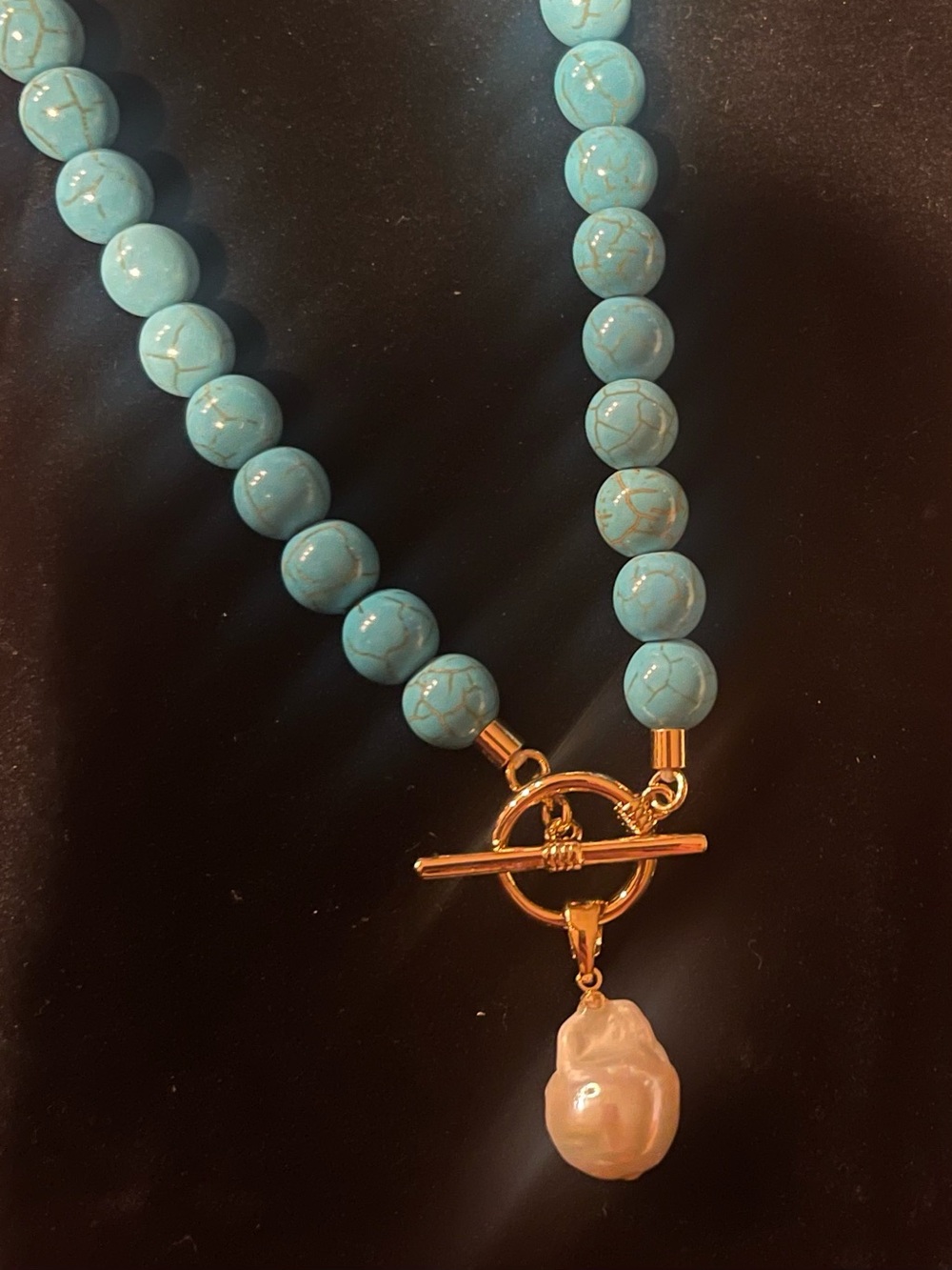 Camila Coelho Turquoise Beaded Necklace with Saltwater Pearl Charm, Toggle Clasp